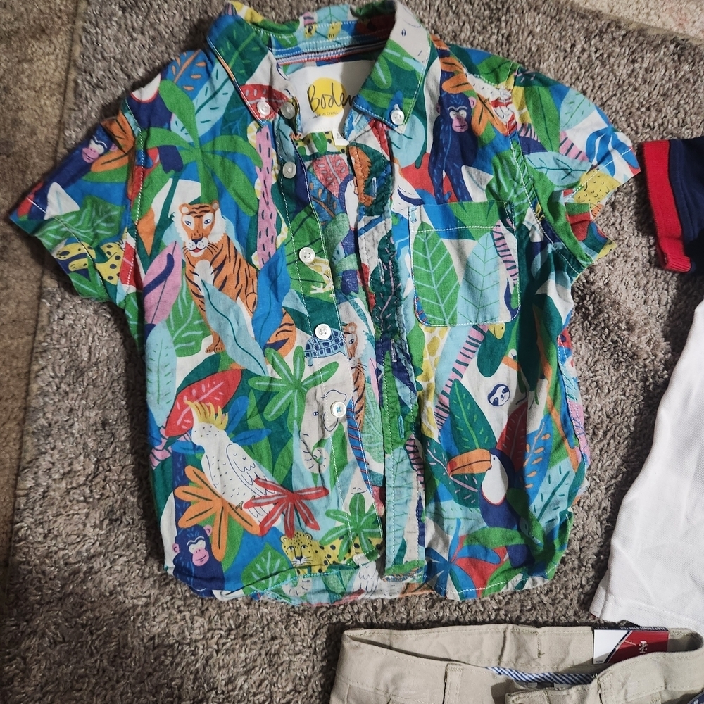 Boden Kids Colorful Jungle Print Button Down Shirt - Picture 3 of 8